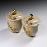 CHINJUKAN Kiln White Satsuma Ware Pair of Lidded Teacups - Gold Autumn Grass / 薩摩焼 沈壽官窯