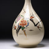 CHINJUKAN Kiln White Satsuma Ware Long-Neck Vase 31 cm - Plum and Peony / 薩摩焼 沈壽官窯