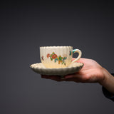 CHINJUKAN Kiln White Satsuma Ware Chrysanthemum Footed Cup and Saucer Set / 薩摩焼 沈壽官窯