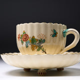 CHINJUKAN Kiln White Satsuma Ware Chrysanthemum Footed Cup and Saucer Set / 薩摩焼 沈壽官窯