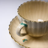 CHINJUKAN Kiln White Satsuma Ware Chrysanthemum Footed Cup and Saucer Set / 薩摩焼 沈壽官窯