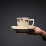 CHINJUKAN Kiln White Satsuma Ware Plum Sparrow Cup and Saucer Set / 薩摩焼 沈壽官窯