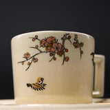 CHINJUKAN Kiln White Satsuma Ware Plum Sparrow Cup and Saucer Set / 薩摩焼 沈壽官窯