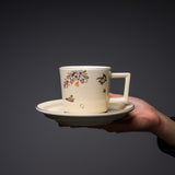 CHINJUKAN Kiln White Satsuma Ware Sakura Sparrow Cup and Saucer Set / 薩摩焼 沈壽官窯