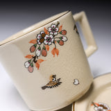 CHINJUKAN Kiln White Satsuma Ware Sakura Sparrow Cup and Saucer Set / 薩摩焼 沈壽官窯