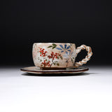 Shunzan Kiln Kyo Kiyomizu Ware Twisted Tea Cup and Saucer - Floral / 俊山窯 カップソーサー