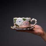 Shunzan Kiln Kyo Kiyomizu Ware Twisted Tea Cup and Saucer - Peony / 俊山窯 カップソーサー