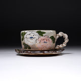 Shunzan Kiln Kyo Kiyomizu Ware Twisted Tea Cup and Saucer - Peony / 俊山窯 カップソーサー