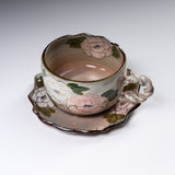 Shunzan Kiln Kyo Kiyomizu Ware Twisted Tea Cup and Saucer - Peony / 俊山窯 カップソーサー
