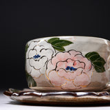 Shunzan Kiln Kyo Kiyomizu Ware Twisted Tea Cup and Saucer - Peony / 俊山窯 カップソーサー