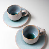 Tenryu Kiln Hagi Ware Pair Cup and Saucer - Sparkling Blue / 萩焼 ソライロ