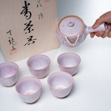 Tenryu Kiln Hagi Ware Tea Set with Wooden Box - Milky Pink / 天龍窯 茶器揃え