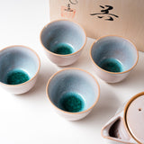 Tenryu Kiln Hagi Ware Tea Set with Wooden Box - Sparkling Blue / 天龍窯 茶器揃え