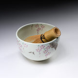 Kyo Kiyomizu Ware Matcha Bowl - Sakura with Sparrow / 京・清水焼 抹茶碗