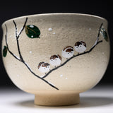 Kyo Kiyomizu Ware Matcha Bowl - Sparrow on a Branch / 京・清水焼 抹茶碗