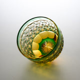 Yamada Glass - Crystal Glass Sake Cup - 縁繋ぎ - Asanoha - Amber Green