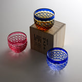 Yamada Glass - Crystal Glass Sake Cup - 縁繋ぎ - Asanoha - Amber Blue