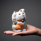 Kutani Ware Animal Ornament - White Flower Cat "Hana" / 九谷焼 招き猫