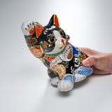 Kutani Ware Animal Ornament - Wave Beckoning Cat / 九谷焼 招き猫