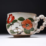 Shunzan Kiln Kyo Kiyomizu Ware Twisted Handle Mug - Camellia / 俊山窯 マグカップ 椿