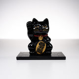 Metal Alloy Ornament with Urushi Paint - Lucky Cat - Black / 銀雅堂 招き猫