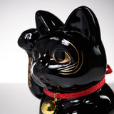 Metal Alloy Ornament with Urushi Paint - Lucky Cat - Black - Large 16 cm / 銀雅堂 招き猫