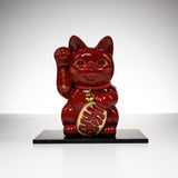 Metal Alloy Ornament with Urushi Paint - Lucky Cat - Red - Large 16 cm / 銀雅堂 招き猫