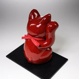 Metal Alloy Ornament with Urushi Paint - Lucky Cat - Red - Large 16 cm / 銀雅堂 招き猫