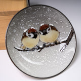 Kutani ware Sake Cup - Nakamura Toshito - Friendly Sparrow in the Snow / 九谷焼 盃