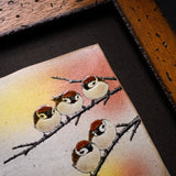NAKAMURA TOSHITO Kutani Ware Framed Porcelain Artwork - Friendly Five Sparrows / 九谷焼 中村陶志人