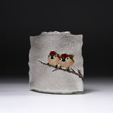 Kutani ware Slab Vase - Nakamura Toshito - Friendly Sparrow in the Snow / 九谷焼 花瓶