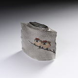 Kutani ware Slab Vase - Nakamura Toshito - Friendly Sparrow in the Snow / 九谷焼 花瓶