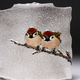 Kutani ware Slab Vase - Nakamura Toshito - Friendly Sparrow in the Snow / 九谷焼 花瓶