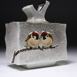 Kutani ware Branch Form Vase - Nakamura Toshito - Friendly Sparrow in the Snow / 九谷焼 花瓶