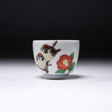 NAKAMURA TOSHITO Kutani Ware Sake Cup - Sparrow with Camellia / 九谷焼 酒カップ