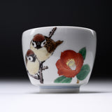 NAKAMURA TOSHITO Kutani Ware Sake Cup - Sparrow with Camellia / 九谷焼 酒カップ