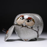 Kutani ware Sparrow Incense Burner - Nakamura Toshito - Friendly Sparrow in the Snow  / 九谷焼 香炉