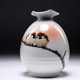 NAKAMURA TOSHITO Kutani Ware Round Vase - Two Friendly Sparrows / 九谷焼 花瓶