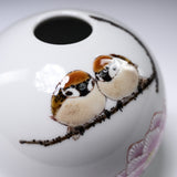 NAKAMURA TOSHITO Kutani Ware Round Vase - Sparrows with Peony / 九谷焼 花瓶