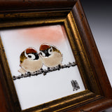 NAKAMURA TOSHITO Kutani Ware Framed Porcelain Artwork - Friendly Sparrows 14.8 cm / 九谷焼 中村陶志人