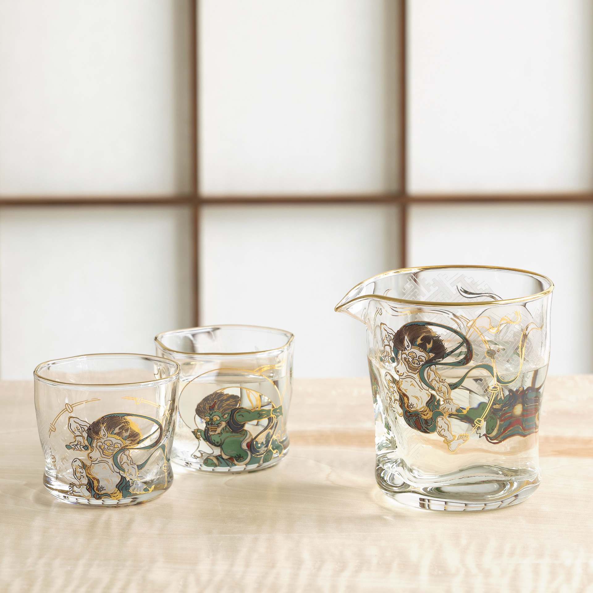Fujin-Raijin Sake Set - 1 Jug and 2 Sake Glasses / 風神雷神 酒器セット